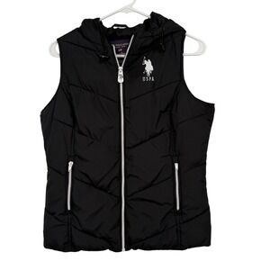 US Polo Assn Women Black Hooded Puffer Vest Small Quilted Full Zip Tennis Preppy